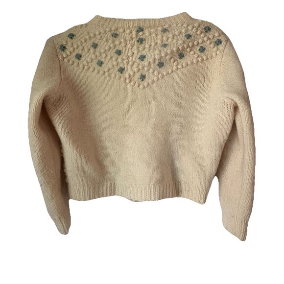 Vintage 40s 50s Wool Popcorn Knit Cardigan Sweater Cropped S Blue Floral Buttons - Picture 13 of 16